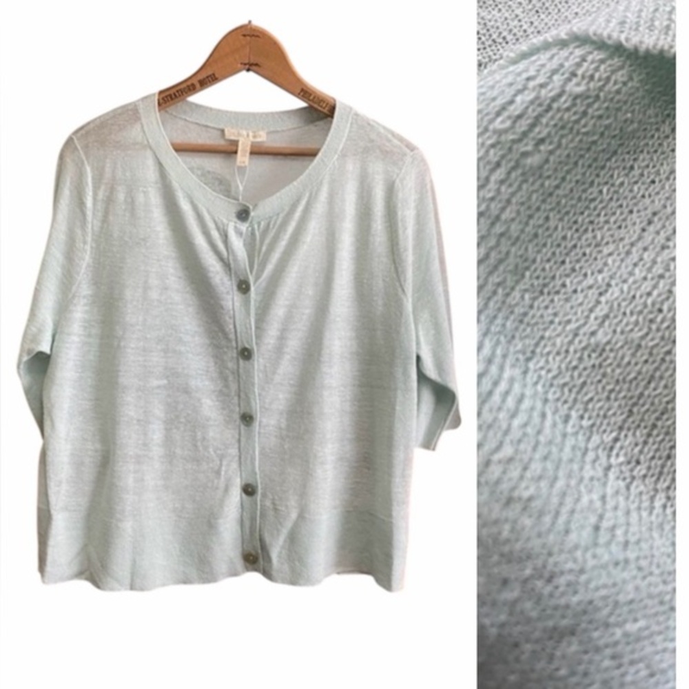 Eileen Fisher Light Blue Mint Linen Blend Hilo Cardigan Sweater Large
